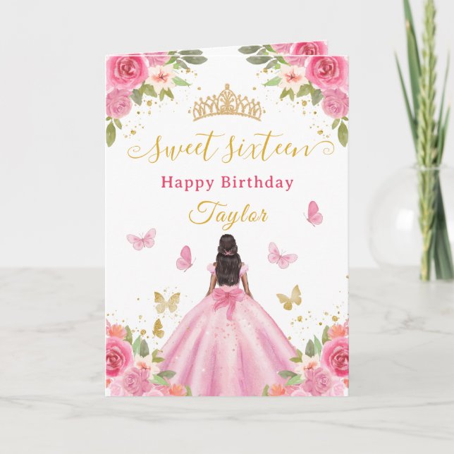 Tarjeta Dulces 16 Princesa Rosa Afroamericana (Anverso)