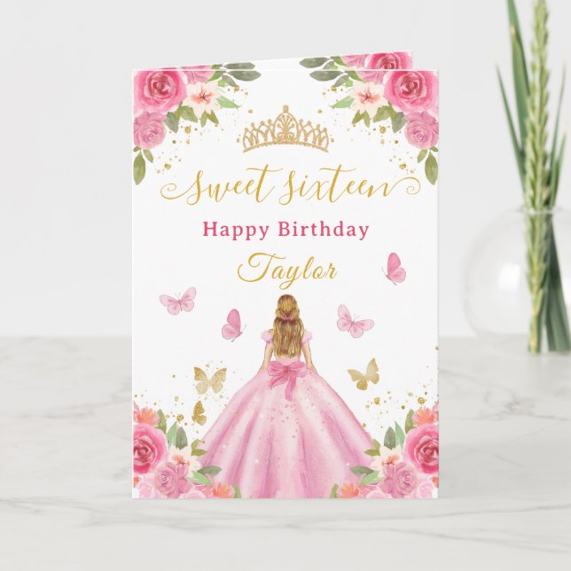 Tarjeta Dulces 16 Princesa Rosa Niña Rubia (Anverso)