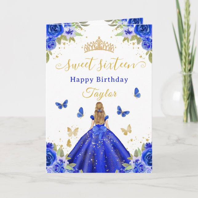 Tarjeta Dulces 16 Princesa Rubia Azul Real (Anverso)