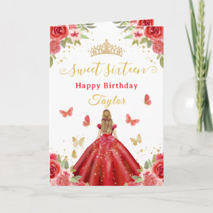 Tarjeta Dulces 16 Rojo Princesa Rubia Niña