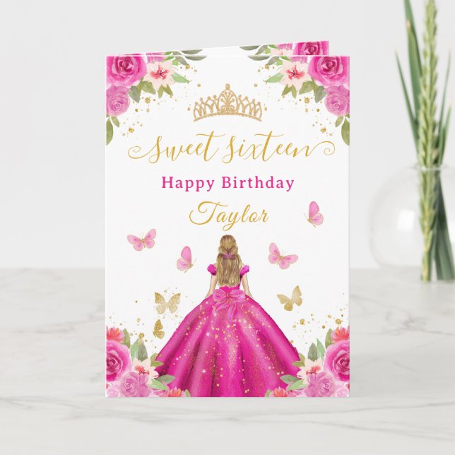 Tarjeta Dulces 16 Rosa Caliente Princesa Chica Rubia (Anverso)