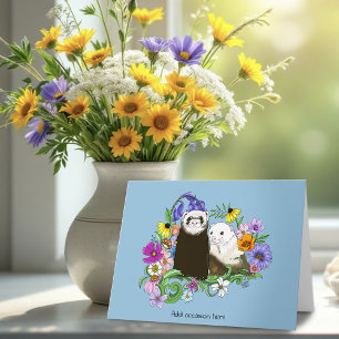 Tarjeta Dulces Ferrets Azules Caprichosos con Flores Parej