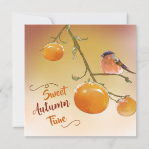 Tarjeta Dulces Frutas de Caqui Naranja Lindo Otoño y Pájar