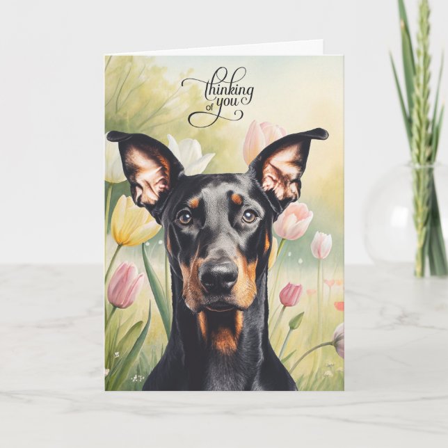 Tarjeta Dulces Tulipanes Doberman Pensando en Ti (Anverso)