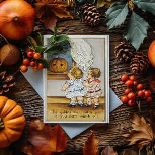 Tarjeta Dúos de duendes y niños de Halloween vintage