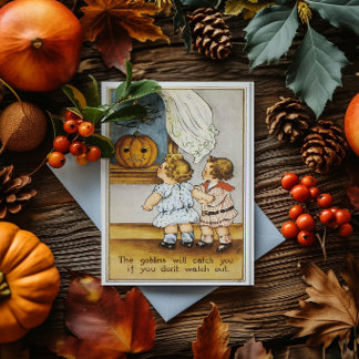 Tarjeta Dúos de duendes y niños de Halloween vintage