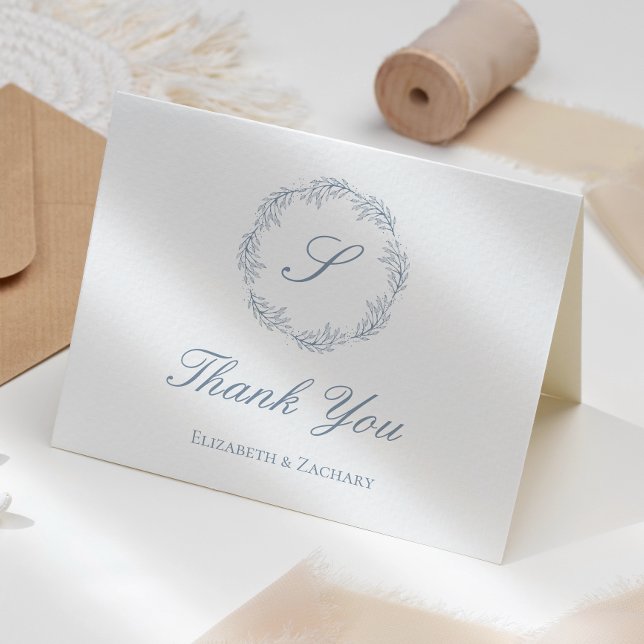 Tarjeta Duste Blue Monogram Wreath Boda Gracias (Subido por el creador)