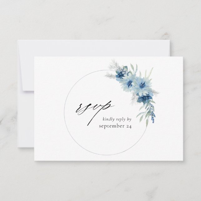 Tarjeta Dusty Blue Boho Floral w Meal RSVP (Anverso)