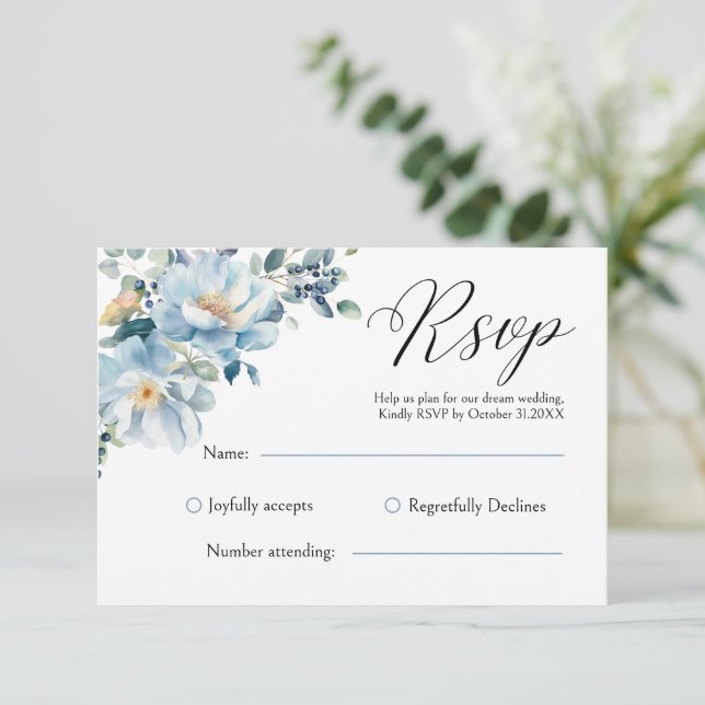 Tarjeta Dusty Blue Botanical Floral RSVP (Anverso de pie)