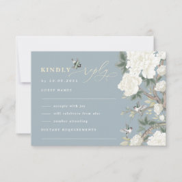 Tarjeta Dusty Blue Chinoiserie Bird Peony Wedding RSVP
