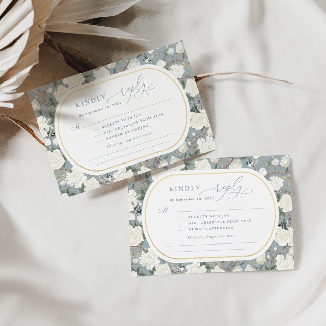 Tarjeta Dusty Blue Chinoiserie Boda Floral Blanca RSVP (Subido por el creador)