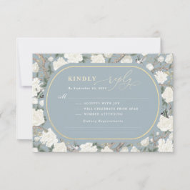 Tarjeta Dusty Blue Chinoiserie Flores de Marfil Boda RSVP