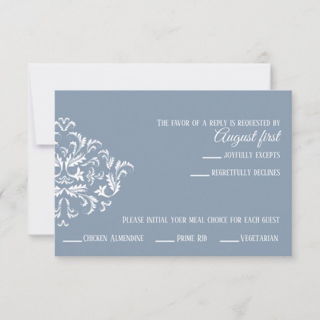 Tarjeta Dusty Blue Elegant Damask RSVP (Anverso)