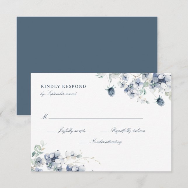 Tarjeta Dusty Blue Floral RSVP (Anverso / Reverso)