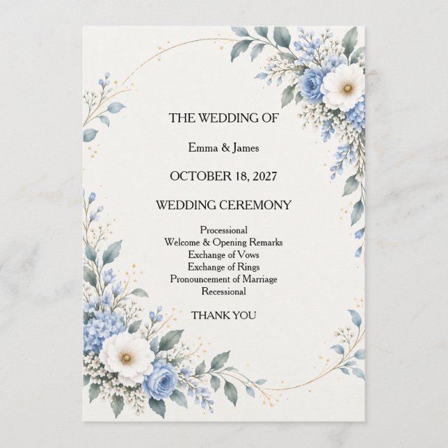 Tarjeta Dusty Blue Floral Wedding Ceremony Program (Anverso)
