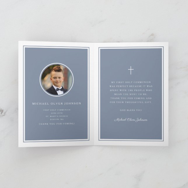 Tarjeta Dusty Blue Photo Boy First Communion Thank You (Interior)