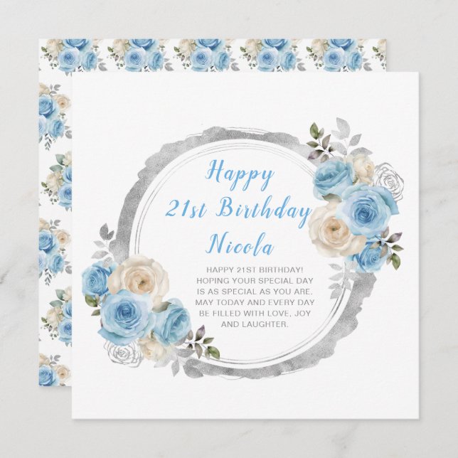 Tarjeta Dusty Blue Silver Elegant Flowday Party (Anverso / Reverso)