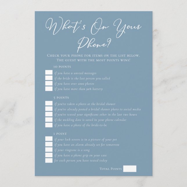 Tarjeta Dusty Blue What's On Your Phone Bridal Shower (Anverso)