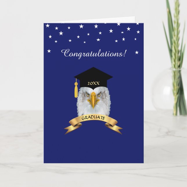 Tarjeta Eagle Graduation Felicitaciones y estrellas en azu (Anverso)