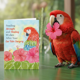 Tarjeta Ear Tube Surgery Healing Scarlet Macaws, Hibiscus