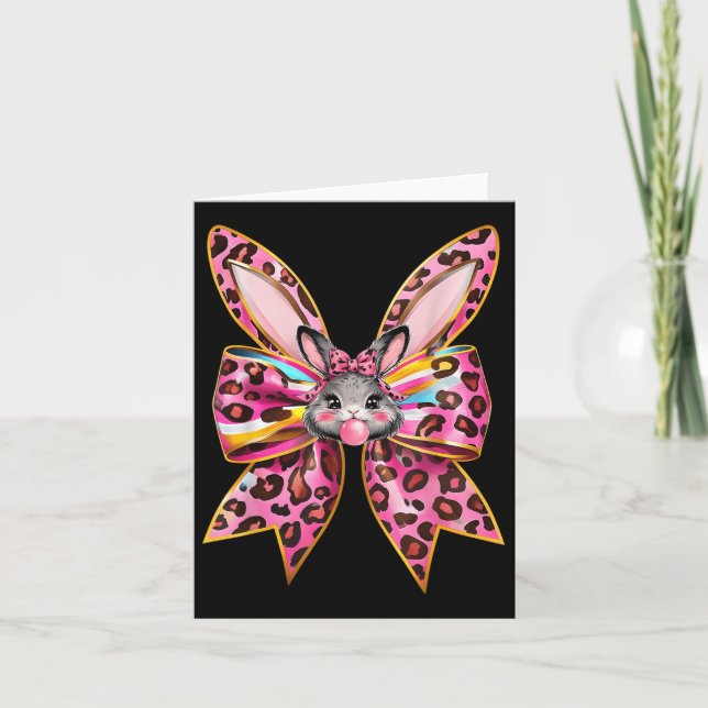 Tarjeta Easter Bunny Face Leopardo Coquette Bow Easter Day (Anverso)