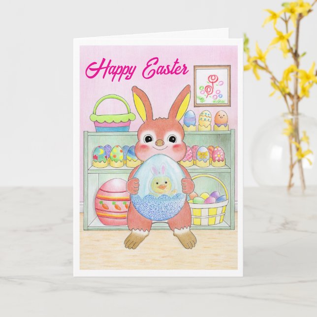 Tarjeta Easter Bunny Rabbit Eggs Kids Folded Card (flor amarilla)