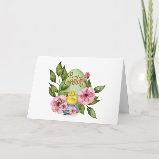Tarjeta Easter Egg, Baby Chick, Pink Spring Flowers  (Anverso)