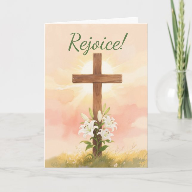 Tarjeta Easter Rejoice Cross and Lilies Christian (Anverso)