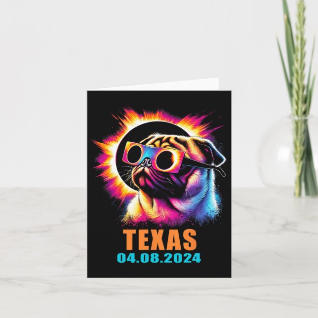 Tarjeta Eclipse Solar Total 2024 Perro Pug Con Gles (Anverso)