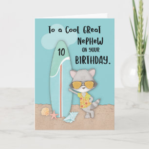 Tarjeta Edad 10 Gran Sobrino Raccoon Funny Beach Birthday