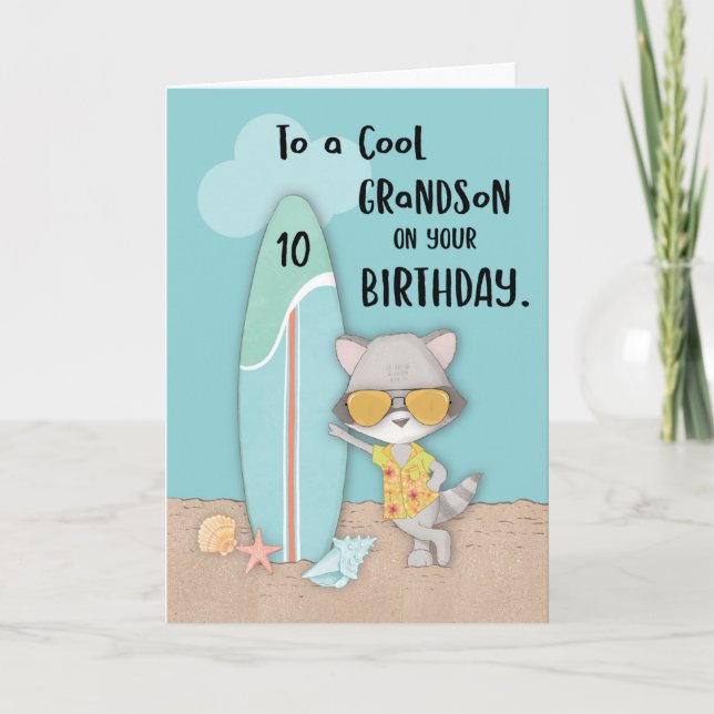 Tarjeta Edad 10 Nieto Birthday Beach Funny Guay Raccoon (Anverso)