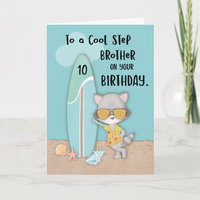Tarjeta Edad 10 Step Hermano Birthday Beach Funny Raccon (Anverso)