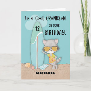 Tarjeta Edad 12 Nieto Birthday Beach Funny Guay Raccoon