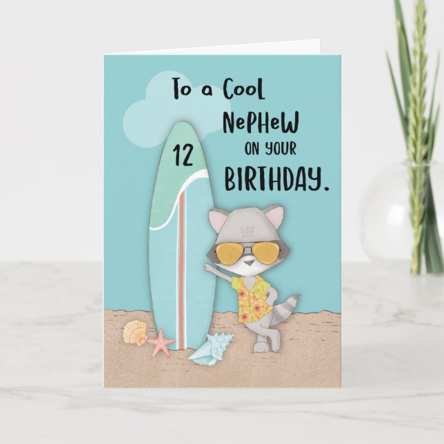 Tarjeta Edad 12 Sobrino Birthday Beach Funny Guay Raccoon (Anverso)