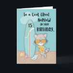 Tarjeta Edad 15 Gran Sobrino Raccoon Funny Beach Birthday<br><div class="desc">Es hora de que un fiesta de playa una vez que un sobrino fresco finalmente celebra su 15 cumpleaños muy pronto. Sería genial si pudieras regalarle esta tarjeta que coincida con la temporada y el tema de su celebración. Así que haz clic en el botón de pedido para obtener tu...</div>