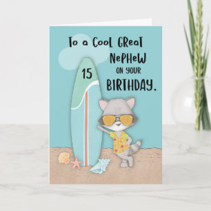 Tarjeta Edad 15 Gran Sobrino Raccoon Funny Beach Birthday 