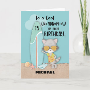 Tarjeta Edad 15 Grandnephew Birthday Beach Funny Raccoon