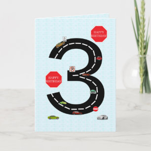 Tarjeta Edad 3, cumpleaños 3, autos de juguete y carretera