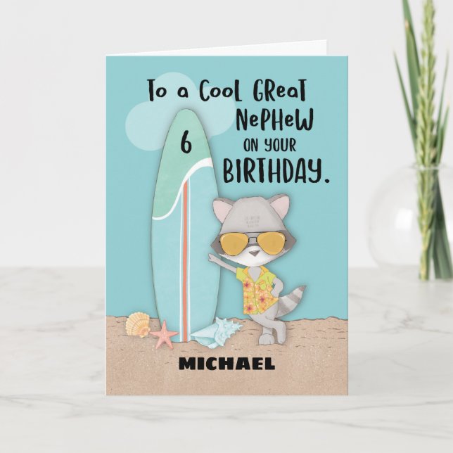 Tarjeta Edad 6 Gran Sobrino Cumpleaños Beach Funny Raccoon (Anverso)