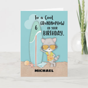Tarjeta Edad 6 Grandnephew Birthday Beach Funny Raccoon