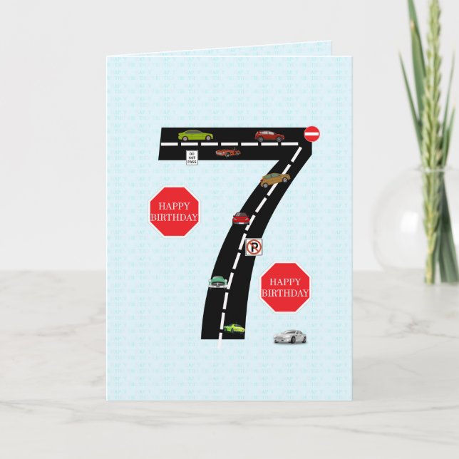 Tarjeta Edad 7, cumpleaños 7, coches de juguete y carreter (Anverso)