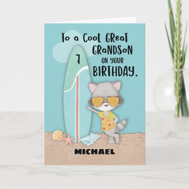Tarjeta Edad 7 Gran Abuelo Birthday Beach Funny Raccoon (Anverso)