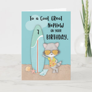 Tarjeta Edad 7 Gran Sobrino Cumpleaños Beach Funny Raccoon