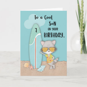 Tarjeta Edad 7 Hijo Cumpleaños Beach Funny Guay Raccoon
