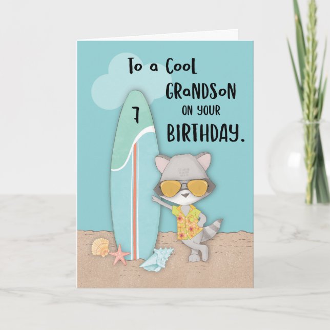 Tarjeta Edad 7 Nieto Birthday Beach Funny Guay Raccoon (Anverso)