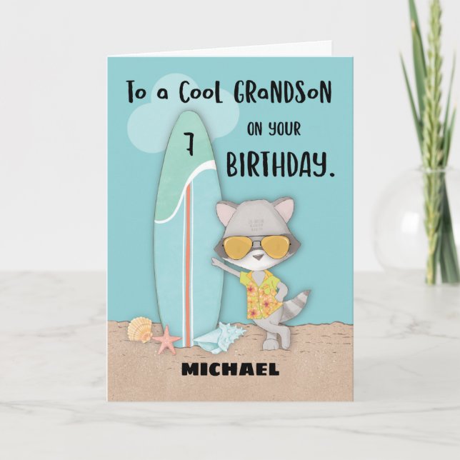 Tarjeta Edad 7 Nieto Birthday Beach Funny Guay Raccoon (Anverso)