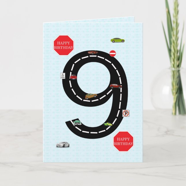 Tarjeta Edad 9, cumpleaños 9, coches de juguete y carreter (Anverso)
