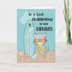 Tarjeta Edad 9 Grandnephew Birthday Beach Funny Raccoon
