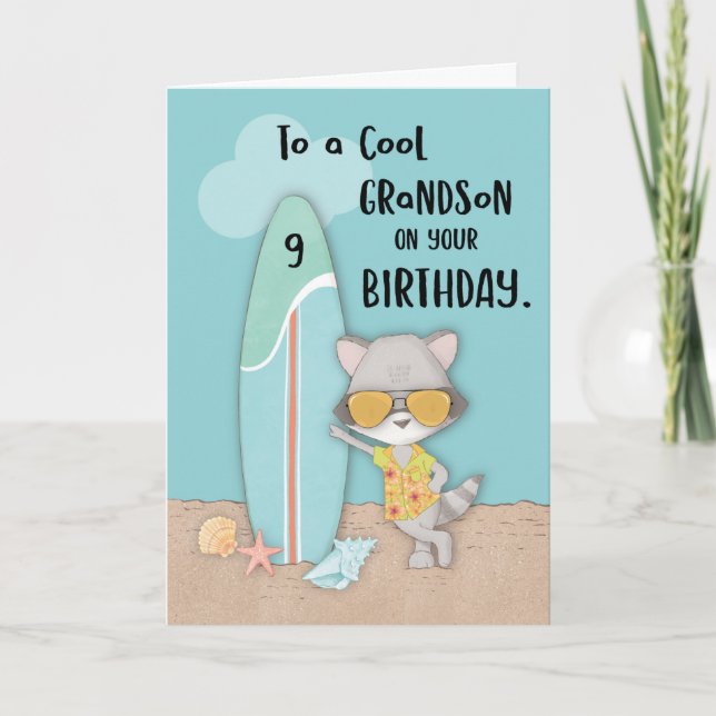 Tarjeta Edad 9 Nieto Birthday Beach Funny Guay Raccoon (Anverso)