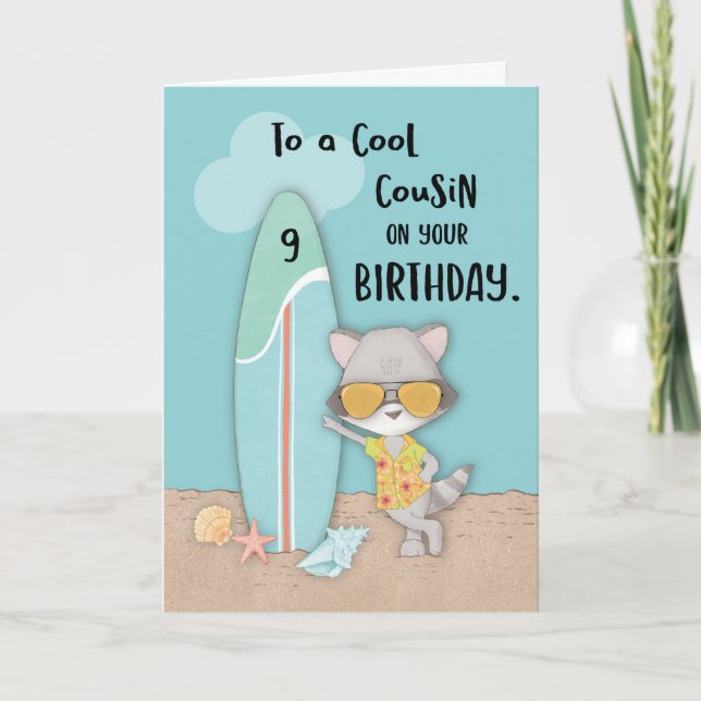 Tarjeta Edad 9 Primo Birthday Beach Funny Guay Raccoon (Anverso)